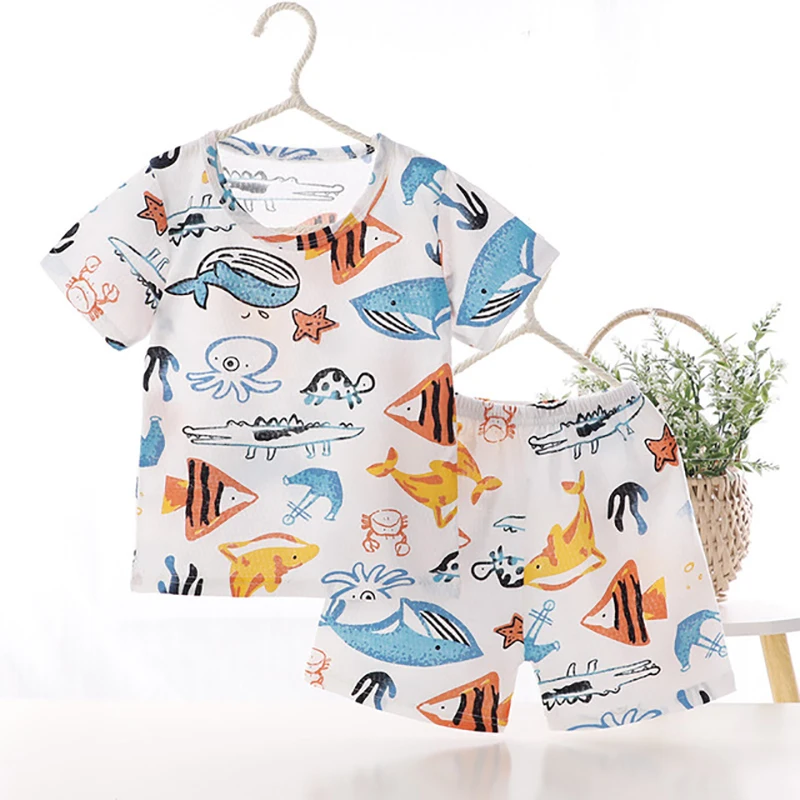 

2Pcs Cartoon Print Baby Girls Boys Clothing Sets T shirt+Pants Breathing Cotton Children Kids 2020 Air Condition Clothes T-shirt
