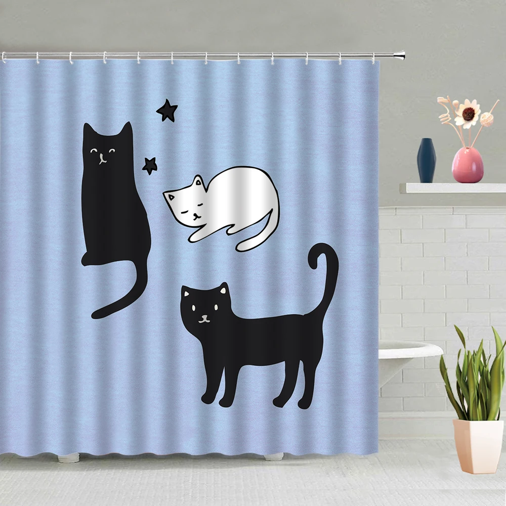 

Cartoon Cute Cat Shower Curtains Creative Black and White Kitty Household Waterproof Polyester Bathroom Decor With Hook