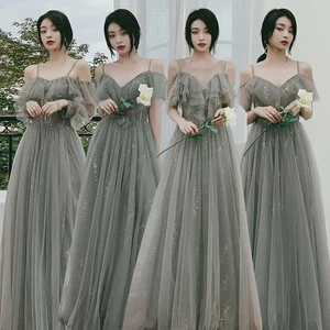 Bridesmaids Dresses Illusion Sequined Lace Short O-Neck Floor-Length Off The Shoulder Luxury Tulle Women Wedding Party Gown E282 Bridesmaids Dresses Illusion Sequined Lace Short O-Neck Floor-Length Off The Shoulder Luxury Tulle Women Wedding Party Gown E282