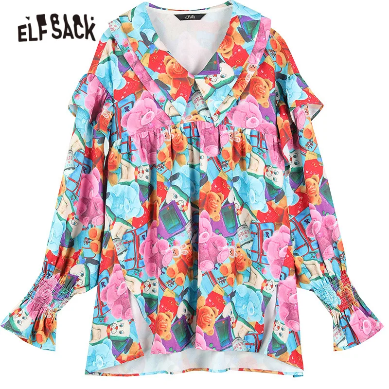 

ELFSACK Harajuku Bear Print Single Breasted Casual Chiffon Shirts Women,2021 Spring Vintage Flare Sleeve Girly Daily Sweety Top