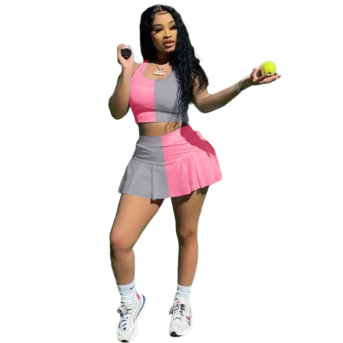 

Casaul Women Color Patchwork Skirt Set Tank Top And Mini Dress Tracksuit Women Summer Suit