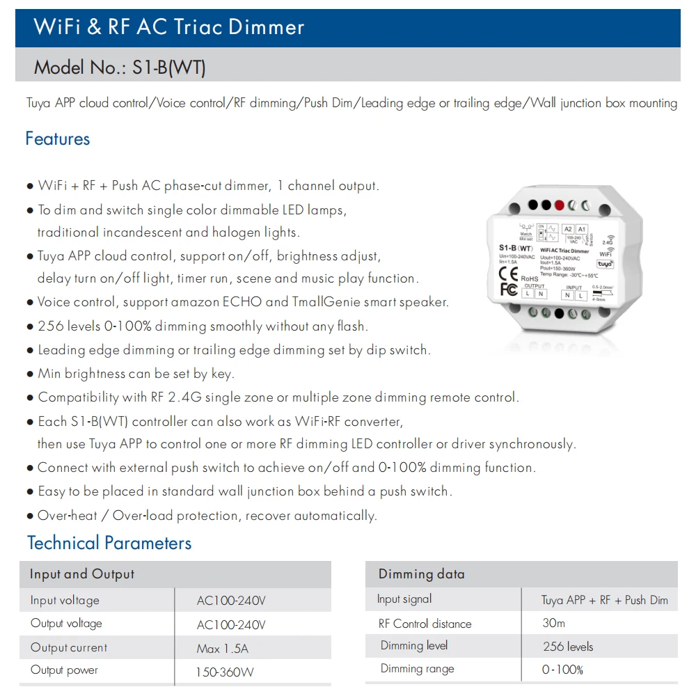Wi Fi 2 4G RF AC Triac LED диммер 220 в 230 В светодиодный свет с Tuya Smart Life App Alexa Echo Google Home