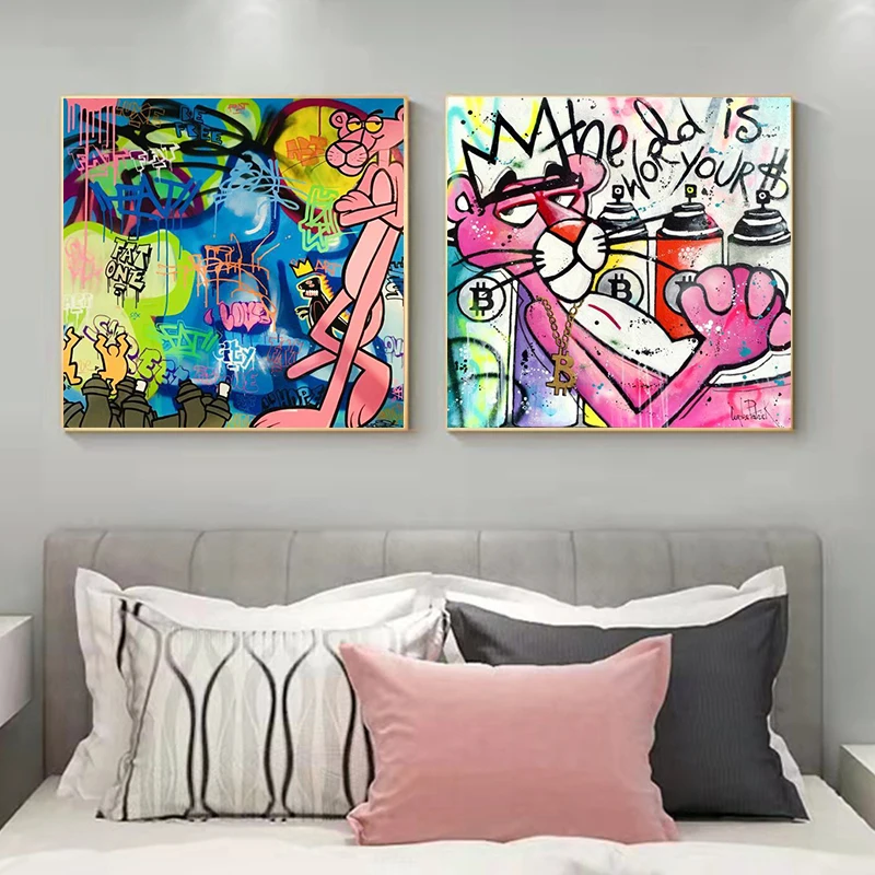 

Graffiti Art Colorful Cartoon Pink Leopard Canvas Painting Poster Prints Cuadros Wall Art Pictures Suitable for Home Decoration