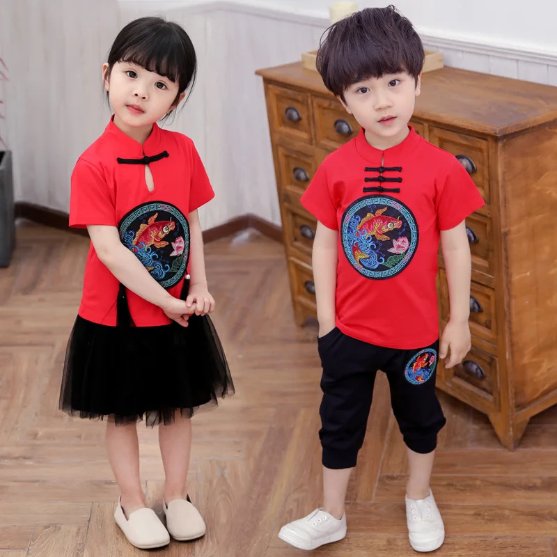 Традиционная китайская футболка с вышивкой красного дракона для маленьких