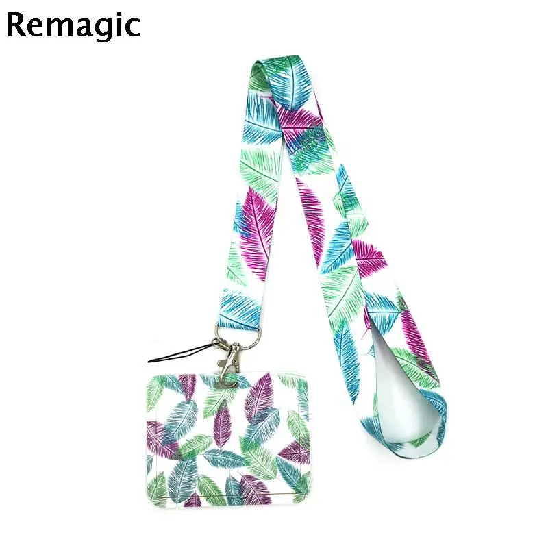 

Purple Pink Blue Feathers Leaves Fashion Lanyard ID Badge Holder Bus Pass Case Cover Slip Bank Credit Card Holder Card Holder
