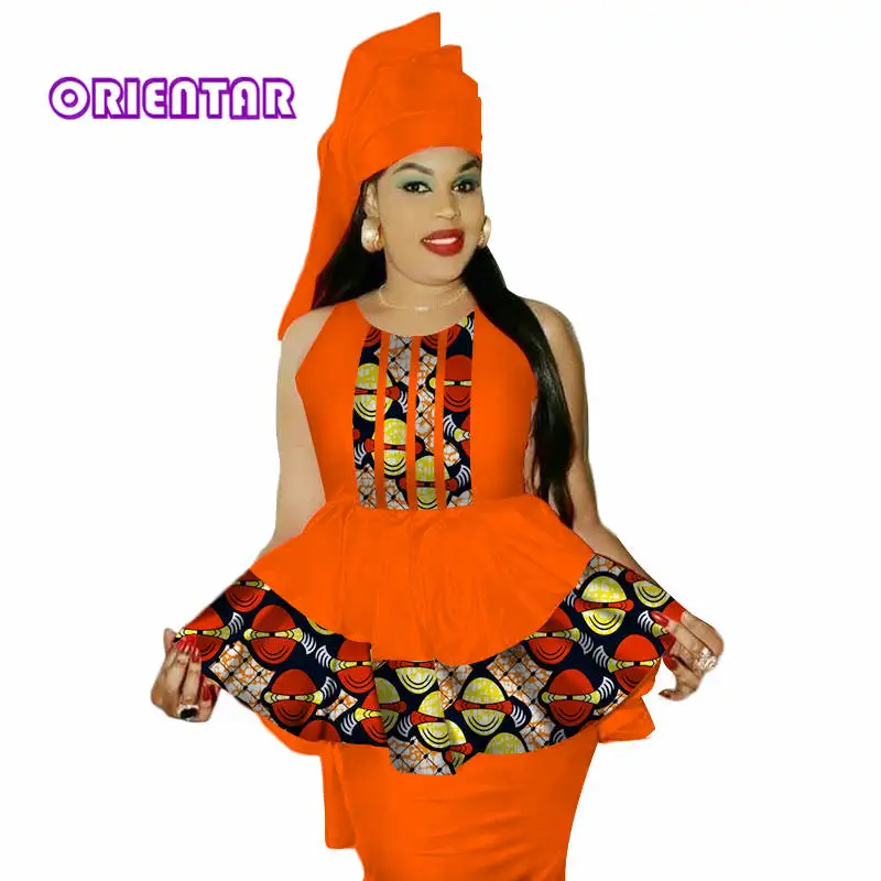 2 Pieces Set African Clothes for Women Sleeveless Tops and Skirt Bazin Riche Africa Print Patchwork Top Skirt Headtie WY3039