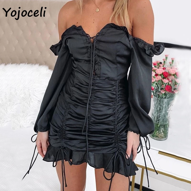 Yojoceli 2019 г. Бандажное платье с открытыми плечами и оборками женское мини длинным