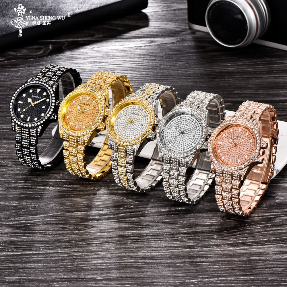 

Full Bling Large Rhinestones Watch For Men ICED-Out Hip Hop Mens Quartz Watches Waterproof Date Male Clock Gold Steel Relogio