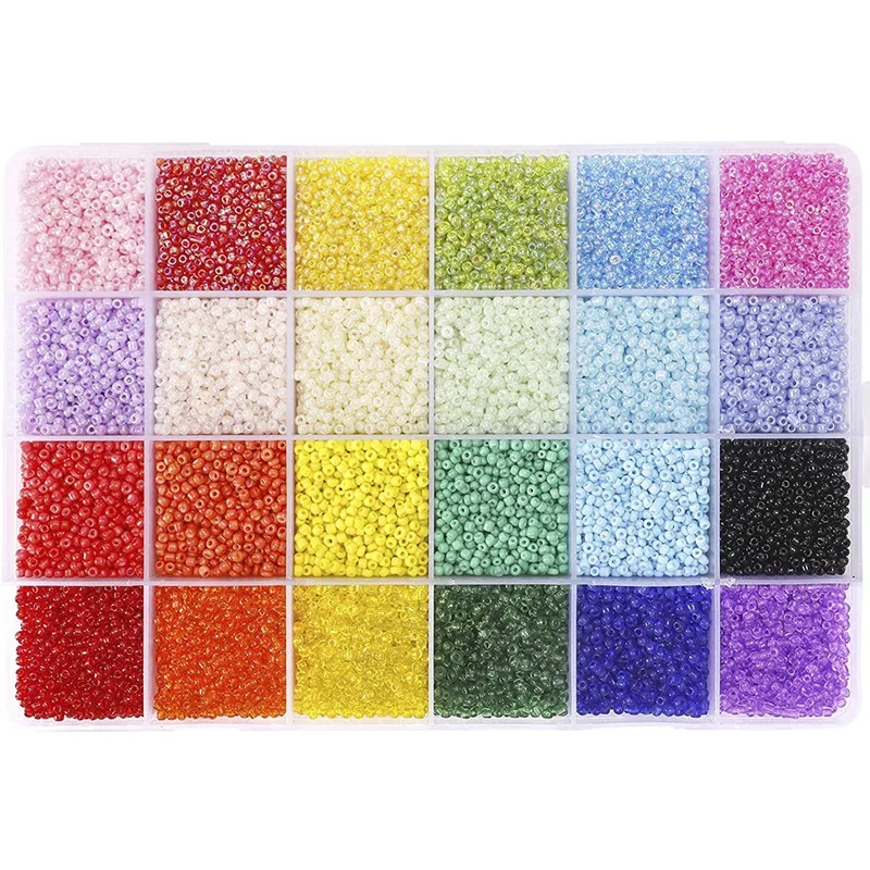

26400Pcs 2mm Glass Seed Beads 24 Colors Loose Beads Kit Bracelet Beads with 24-Grid Storage Box for Jewelry Making