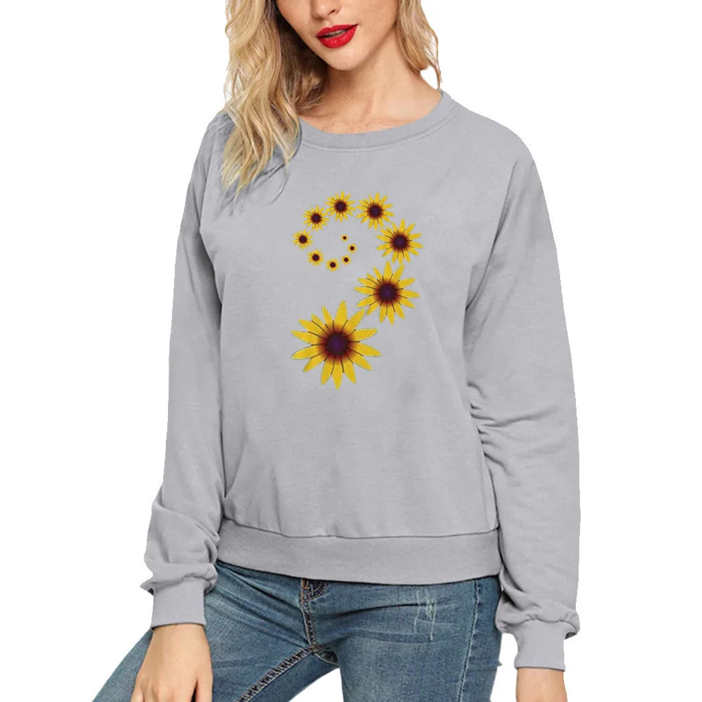 

Sunflower Pattern Print Long Sleeve Tops Round Neck Sweatershirt Letter Printing Sweatshirt Women