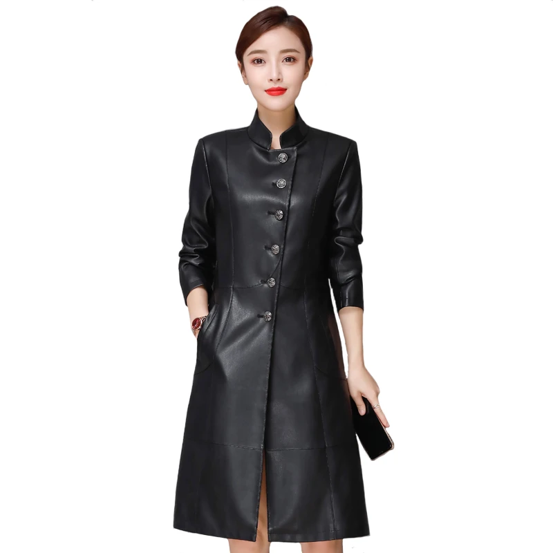 Куртка женская длинная из искусственной кожи повседневный Модный черный Тренч