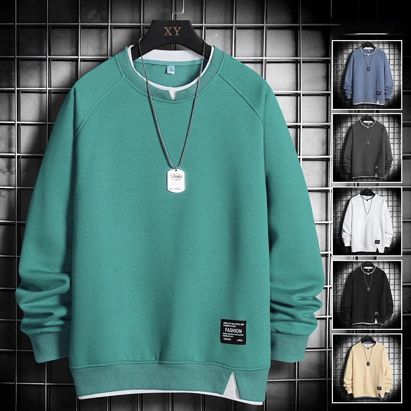 

Mens Casual Sweatshirts Harajuku Effen Kleur 2022 Lente Mannelijke Nep Twee Stukken O-hals Sweatshirt Hoodies Hip Hop Streetwear