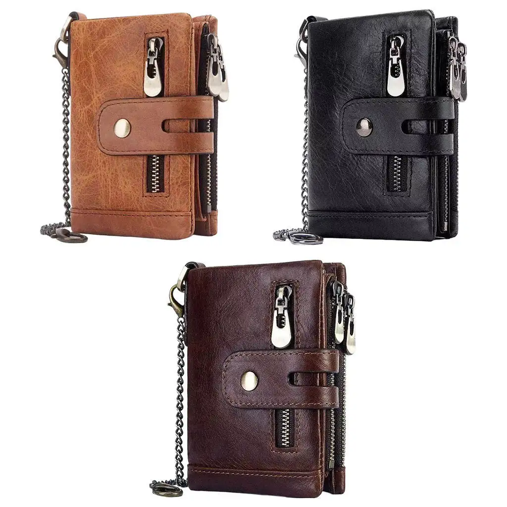 

Mens RFID Blocking Wallet Bifold Snap Zip Cowhide Soft Credit Card Holder Coin Purse with Chain