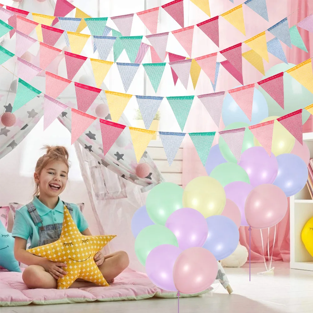 

65.6ft Bunting Flag Imitated Linen Bunting Banner 60pcs Pennants Home Garden Decoration Triangle Flag Garland for Birthday Party