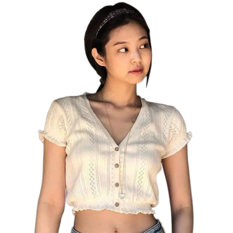 

Summer Korean Womens Short Sleeve Tops Sexy V Neck Buttons Mini T-Shirt Knitted Shirts Fashion Hallow Out Ladies Tops White