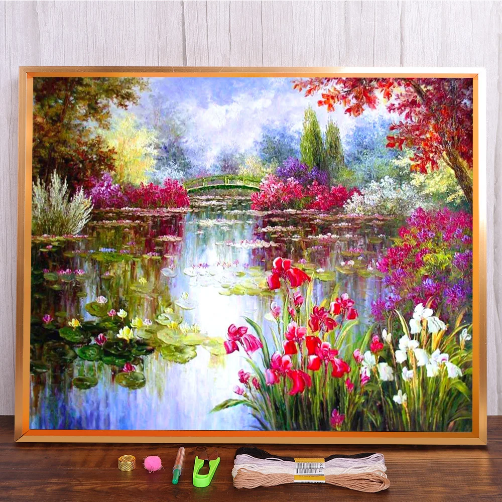 

Landscape Flower Printed Water-Soluble Canvas 11CT Cross Stitch Patterns Embroidery DMC Threads Hobby Painting Adults