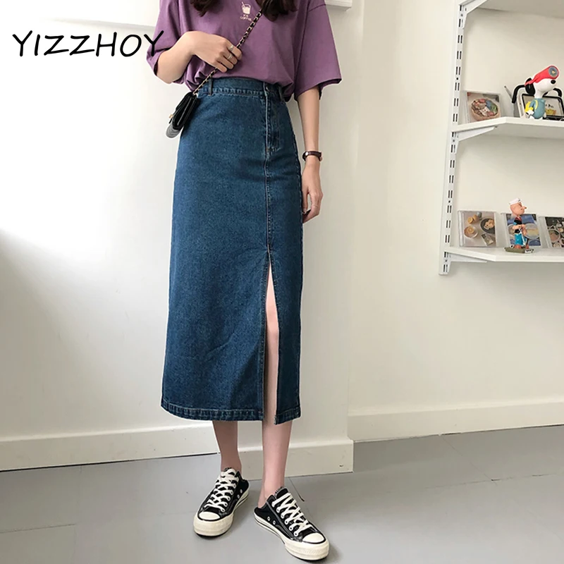 

YIZZHOY Summer Women A Line Mid-Calf Denim Skirts Plus Sizes Causal Jeans Skirts Women Slim High Waist Split Length Skirts