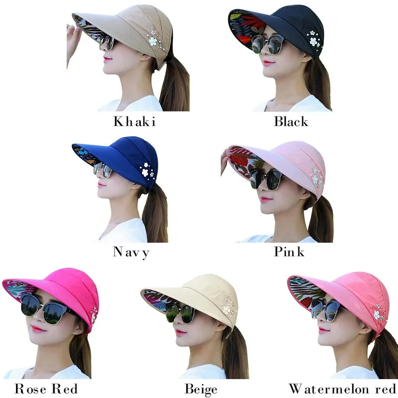 

Hot summer sun hat with pearl adjustable big heads wide-brimmed beach hat UV protection packable sun visor hat