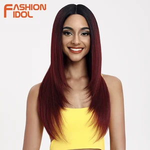 FASHION IDOL 26 Inch Straight Synthetic Lace Wig Heat Resistant Fiber Natural Hair Ombre Burgundy Brown Cosplay Wigs For Women