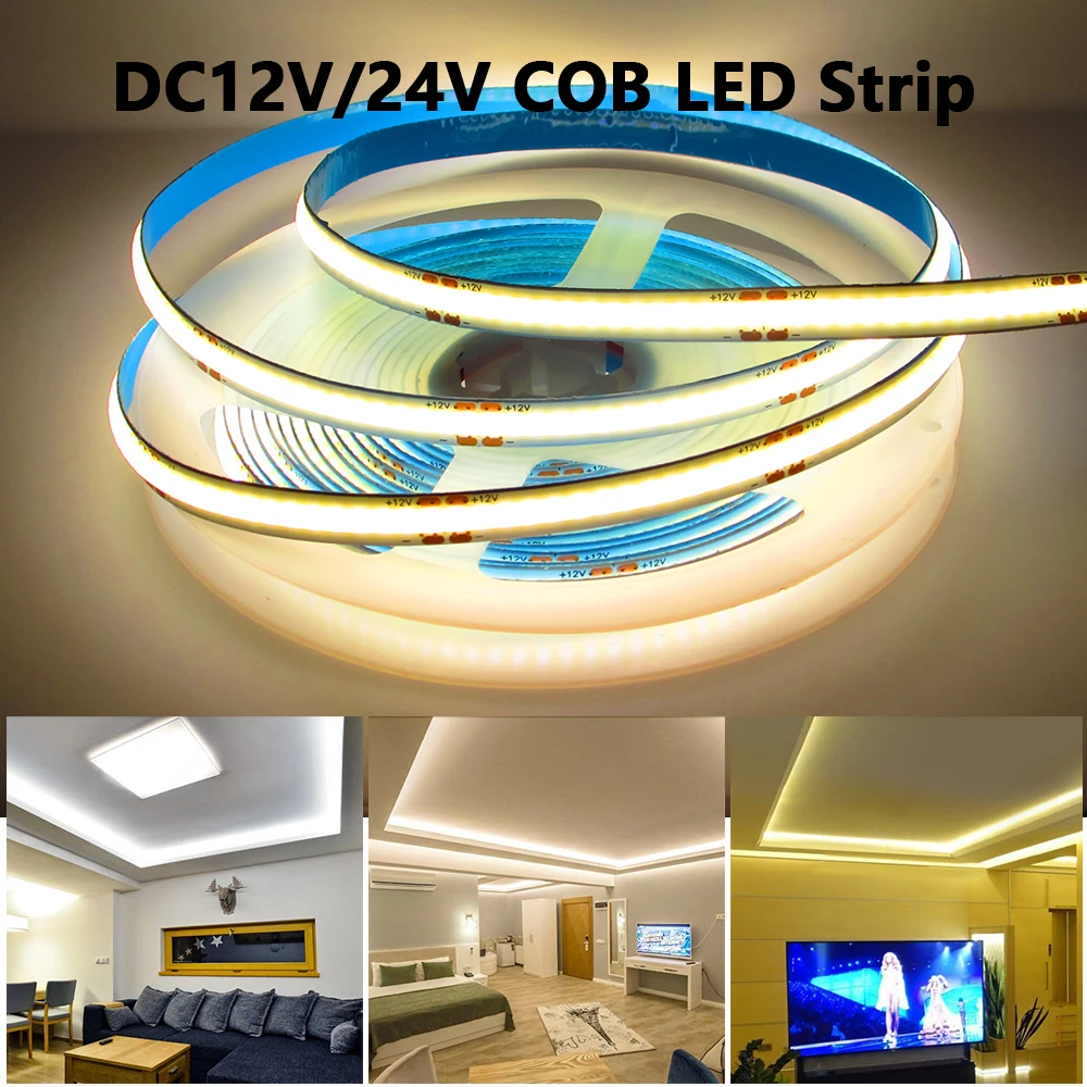 

12 24 V COB LED Strip Light Waterproof 320/384/528/608 LEDs/m RA90 High Density Flexible Soft COB Led Strip 12V 24V Tape Diode
