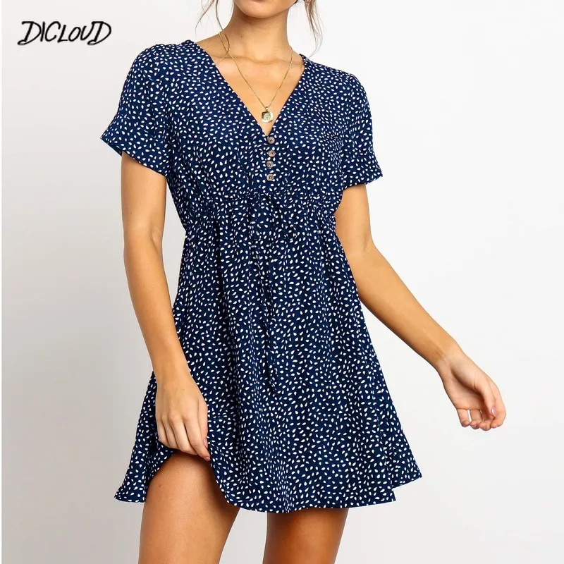 Женское шифоновое платье с V образным вырезом коротким рукавом и принтом|Женские