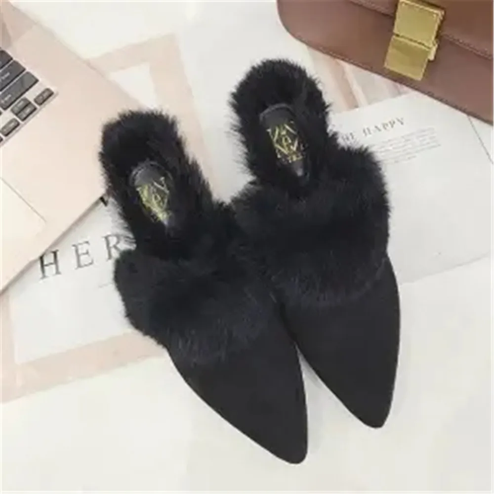 Autumn New Sexy Mules Women's Half Slippers Korean Fashion High Heel Shoes Wearing Hairy Pointed Baotou Furry Plush Slippers