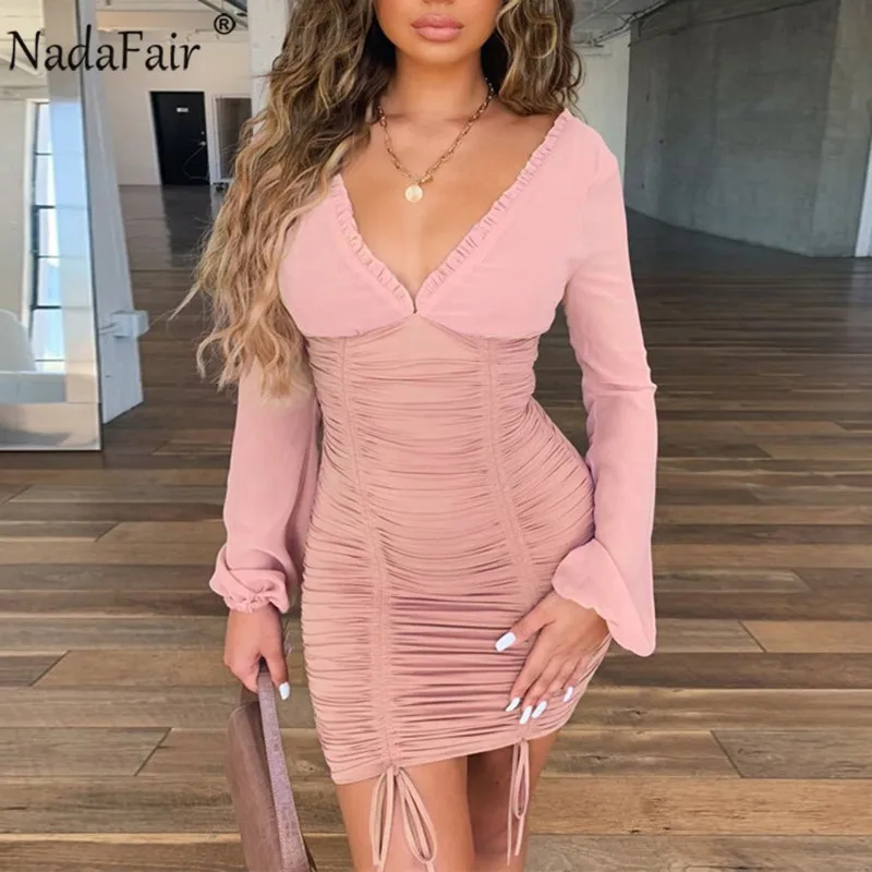 Женское Бандажное платье с рюшами Nadafair Сетчатое лоскутное длинными рукавами