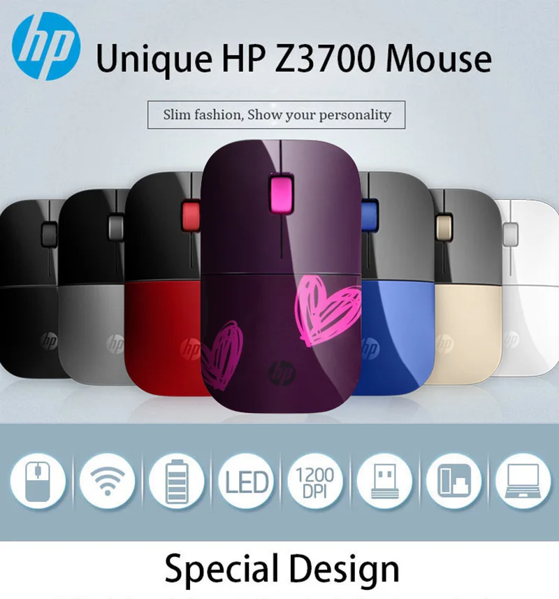 Новая оптическая беспроводная мышь hp 2,4 ГГц Z3700 Mute Slim Silent Colorful 1200 dpi для ноутбука, оригинальная мини-мыши