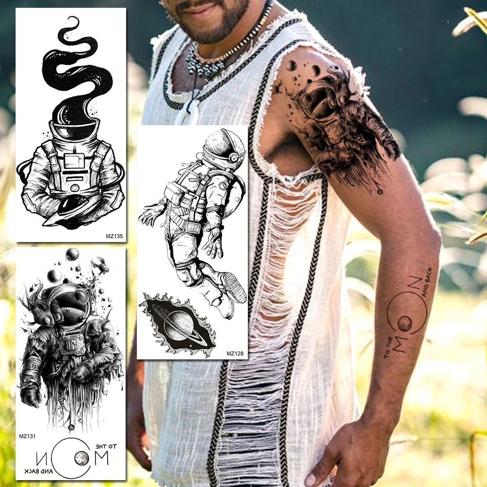 

Astronaut Black Temporary Tattoos For Kids Men Women Cosmonaut Planet Tattoo Sticker Space Men Realistic Spray Fake Tatoo