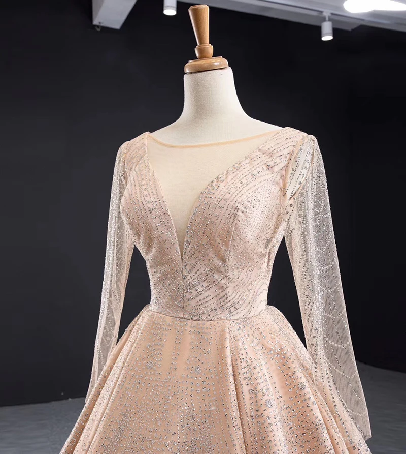 J67066 jancember long evening dresses with sleeves o neck sequined lace gold elegant dress with train платье вечернее длинное