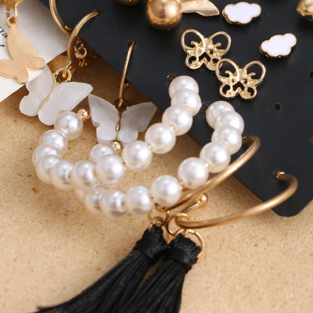 

FNIO Fashion Tassel Pearl Drop Earring Set For Women Trendy Gold Geometric Circle Chain Earrings NEW Set of Earrings Jewelry