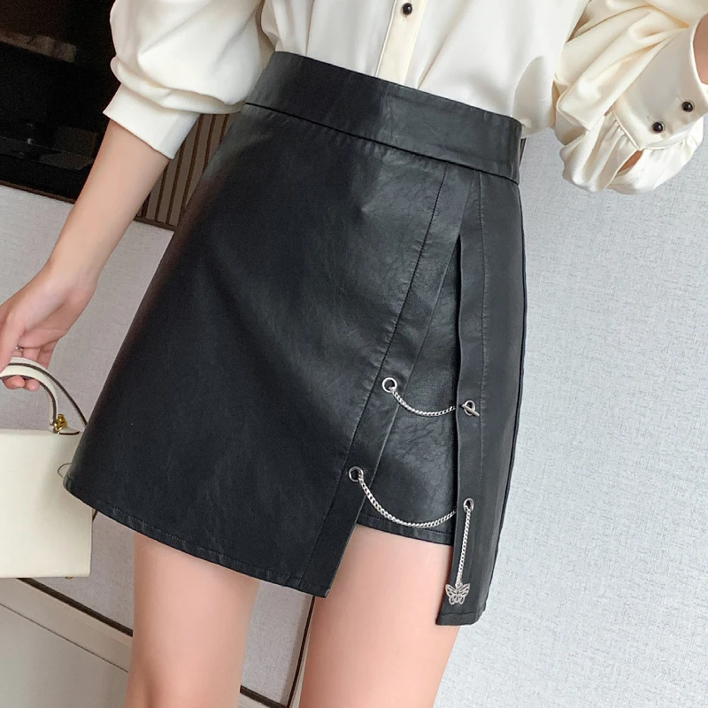

Women Leather Skirt Korean Style Fall New High Waist Mini Slit Skirt With Metal Chain Casual Slim Pu A-Line Female Skirts Black