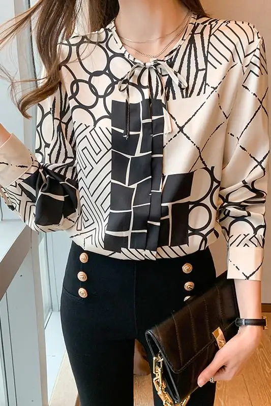

Houthion Chiffon Slim Women's Blouses Long Sleeve Top Fashion Printing Bow Buttons Shirt Spring/autumn New Casual Blouse