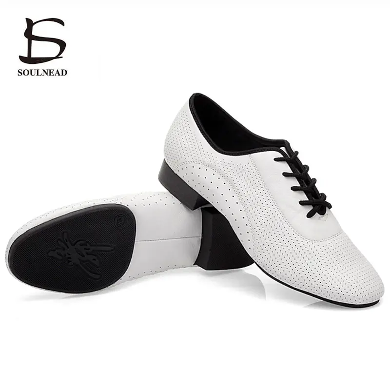 White Mens Ballroom Dance Shoes 3cm Heel Latin Dance Shoes for Men Genuine Leather Modern Soft Sole Jazz Salsa Dancing Shoe Male