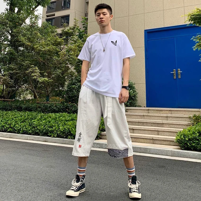 

Samurai Man Japanese Kimono Trousers Summer Thin Linen Breathable Loose Style Cropped Pants Fashion Casual Male Outfits