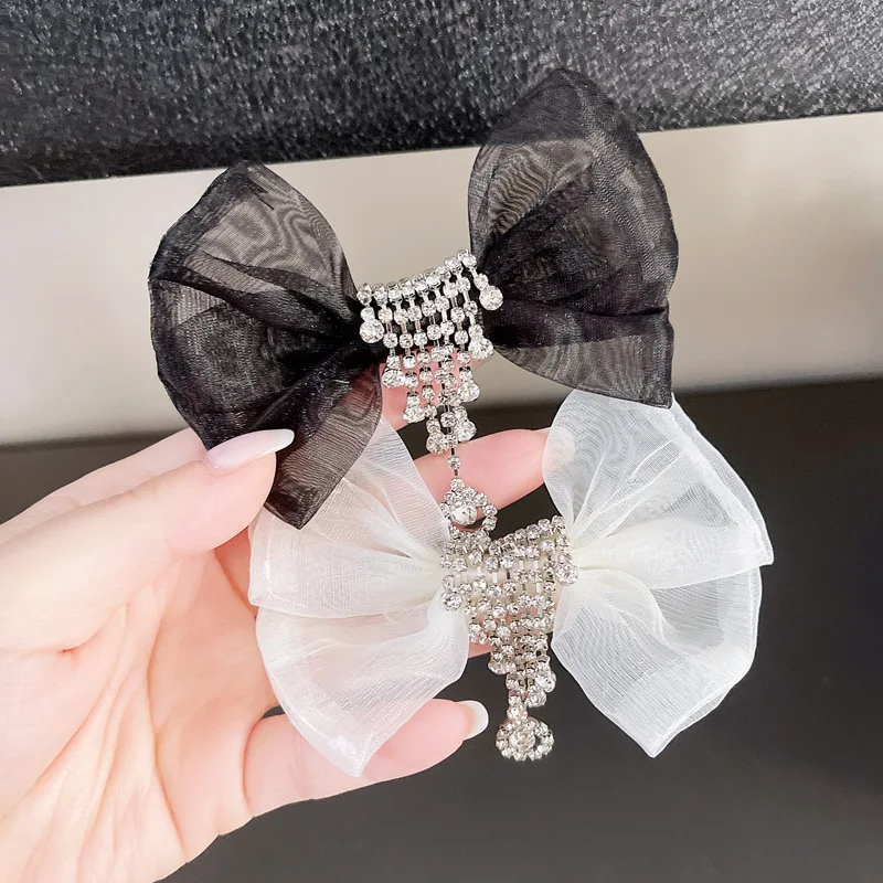 

Tassel Rhinestone Pendant Solid Color Net Yarn Bow Hairpin Girl Simple Headdress Hair Clip for Women Fashion Hair Accessories