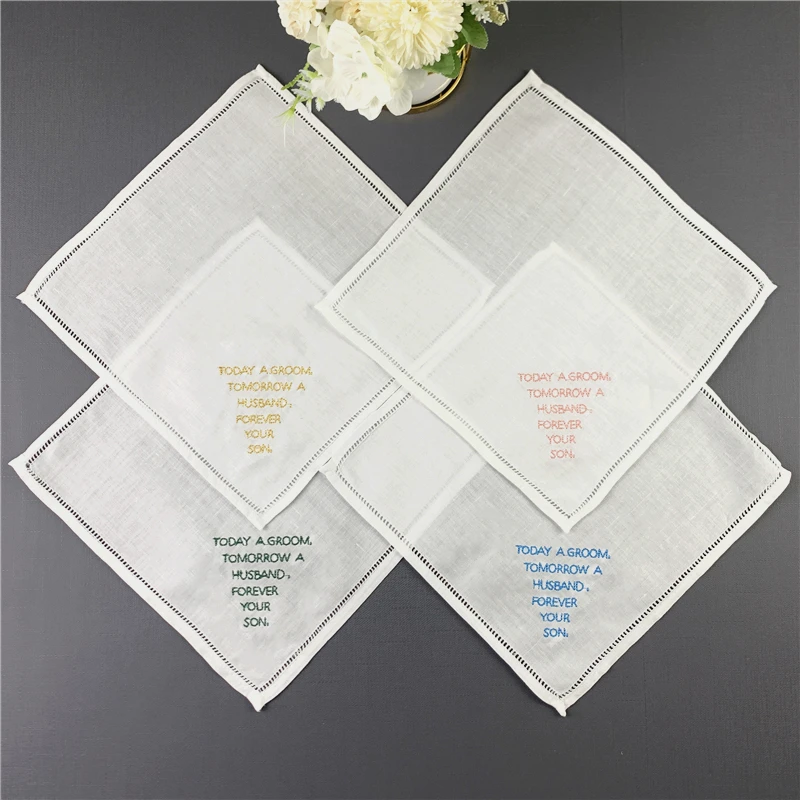 Set of 12 Fashion Personalized Wedding Handkerchiefs 10x10-inch Linen Hemstitch hankie for any Wedding Ceremony or Special Event
