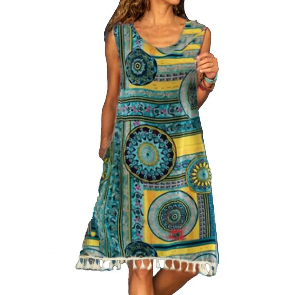 

Women Dress Summer Vintage Floral Print Tassel Hem Casual Sleeveless Round Neck Loose Knee-Length Beach Dresses