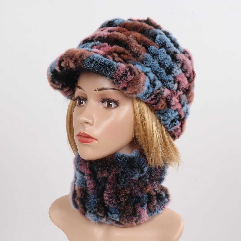 Горячая Распродажа женские эластичность из натурального меха шапка и шарф