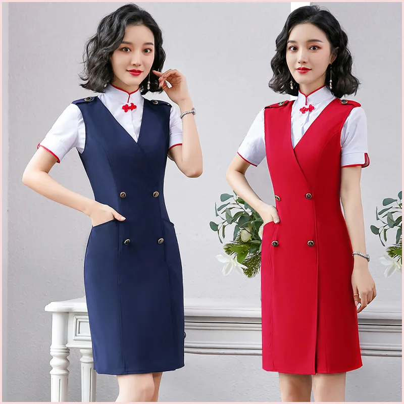 

Women's Professional Airline Aviation Crew Beautician Overalls Reception Formal Dress Jewelry Store Vest Skirt Dress Suit