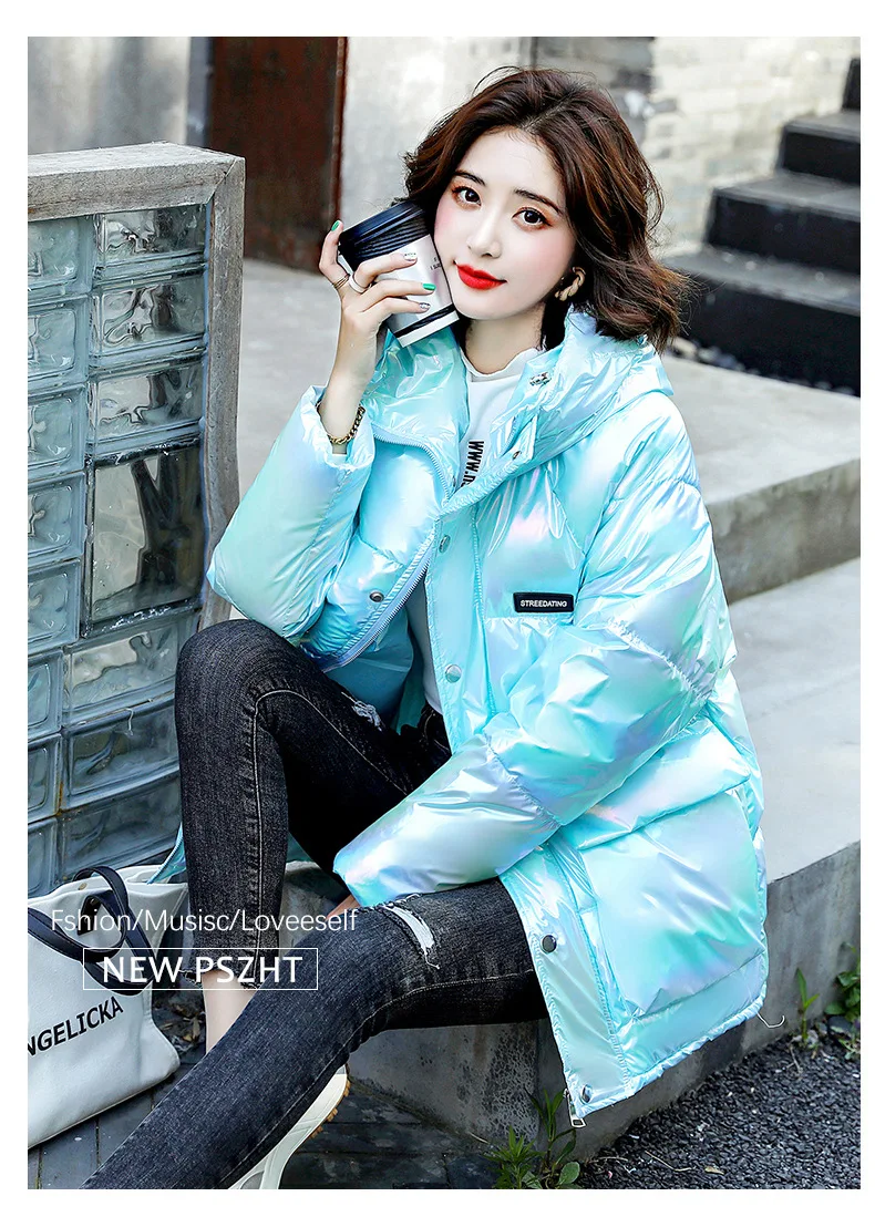 Glossy Down Cotton Jacket Blue Female Fashion Winter Sequin Parkas Bread Service Coat Lady Korean Hooded Snow Cotton Coat