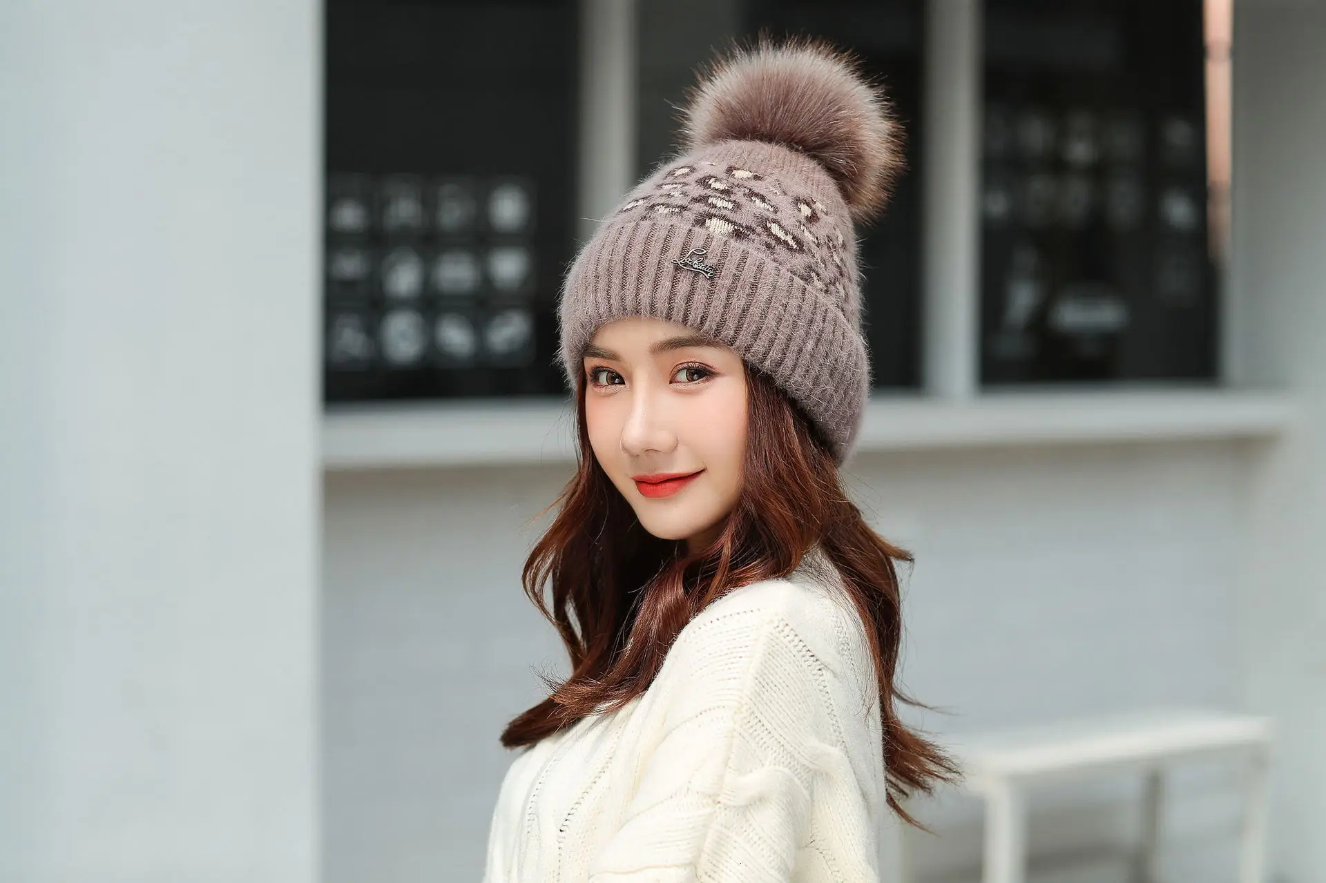 Women Beanies Pom Poms Rabbit Hat Beanie Knitted Skullies Fashion Caps Ladies Knit Cap Winter Hats For Women
