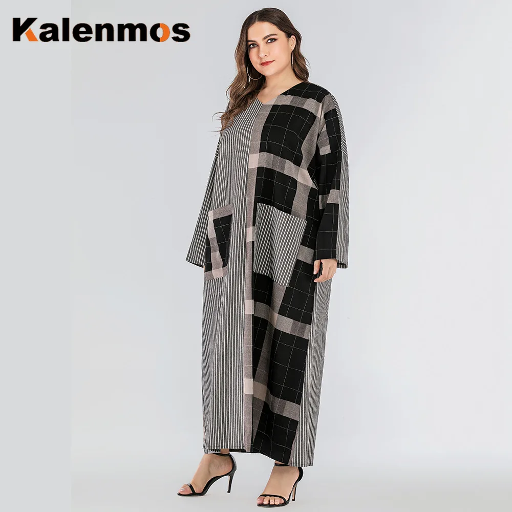 Женское свободное мусульманское платье в клетку с длинным рукавом и v образным вырезом турецкие исламские
