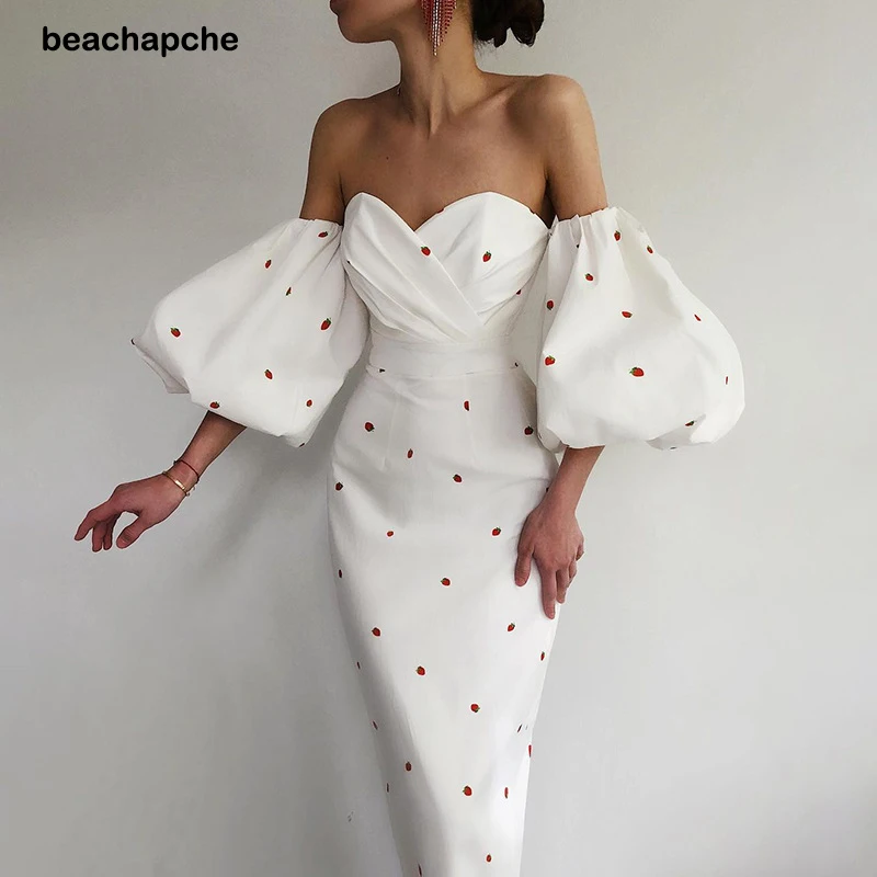 Beachapche Sexy Club Strapless Lantern Sleeve Pencil Dress Retro Polka Dot Print Women Long Party Dress Elegant Off Shoulder Lad
