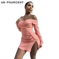 2021 spring new off the shoulder slit dress suit collar summer dress for women ruched sexy dresses party night club dress