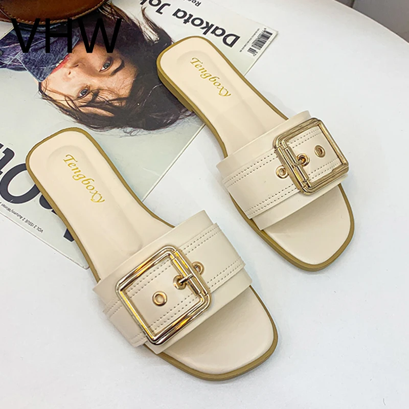 

Women Slippers 2021 Summer Fashion Metal Buckle Slides Square Open Toe Casual Outdoor Sandals Female Slippers