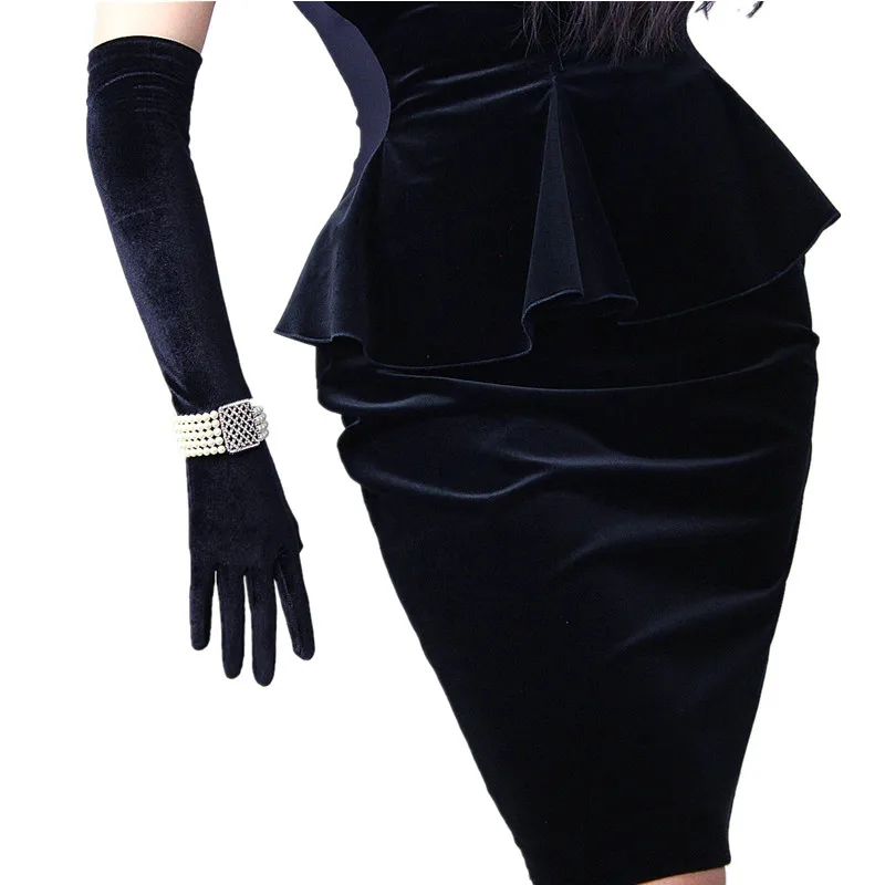 

New 50cm Black Velour Gloves Long Section Over Elbow Vintage Vestido de noche High Elastic Black Swan Velvet Female Touch WSR09