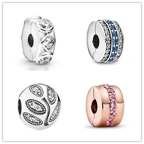 

925 Sterling Silver Bead Charm Pave Clear & Blue Crystal Line Clip Charm Fit pan Women Bracelet & Necklace Jewelry