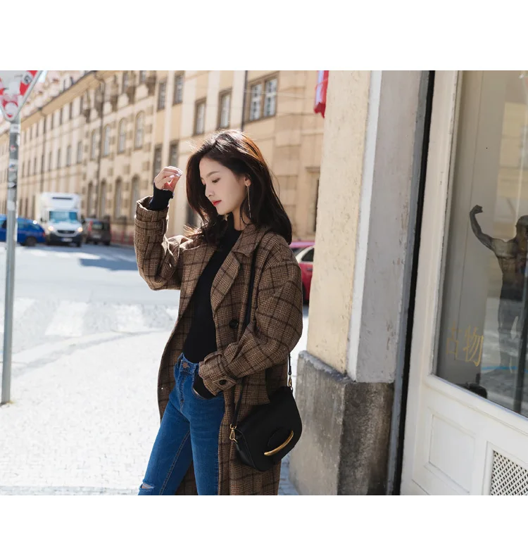 Vintage Plaids Clothes Loose Woollen Coat Women's New Checked Coat Baggy Silhouette Overcoat Tweeds Winter female Outerwear