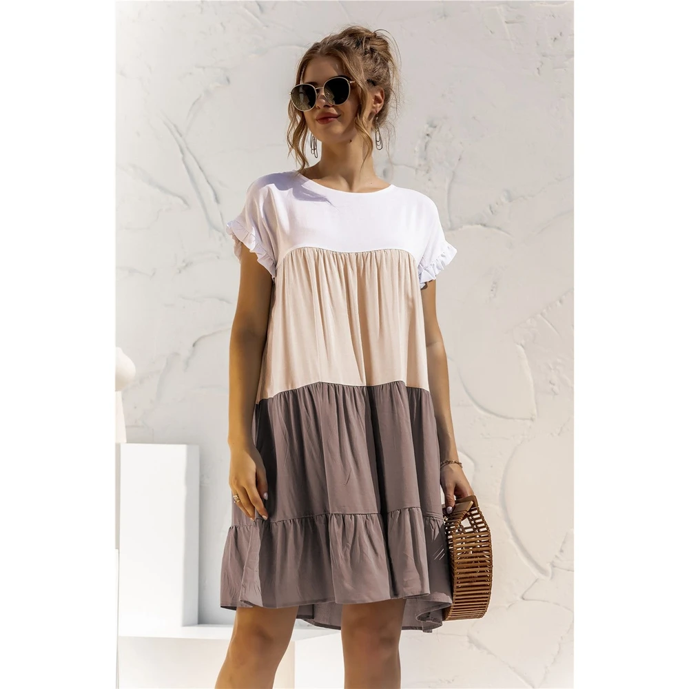 

Повседневное женское короткое платье HEZIOWYUN с цветными блоками, летнее свободное платье мини для взрослых с оборками и коротким рукавом, сар...